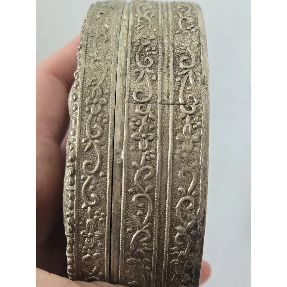 Vintage Persian Repousse Round Box Lid & Mirror Raised Bird Motif Silver Tone